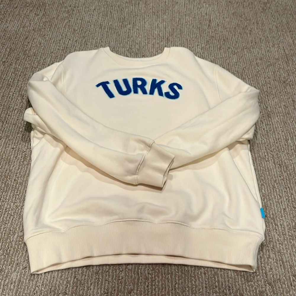 Okaicos butter yellow crew neck with blue lettering size large